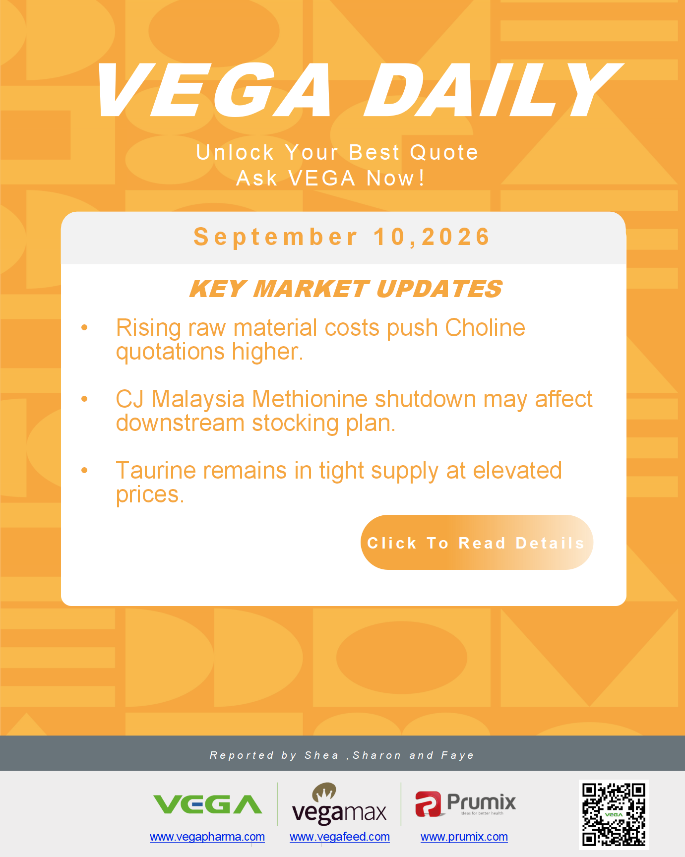 VEGA Daily 20260910 Choline Methionine Taurine raw material cost tight supply.png